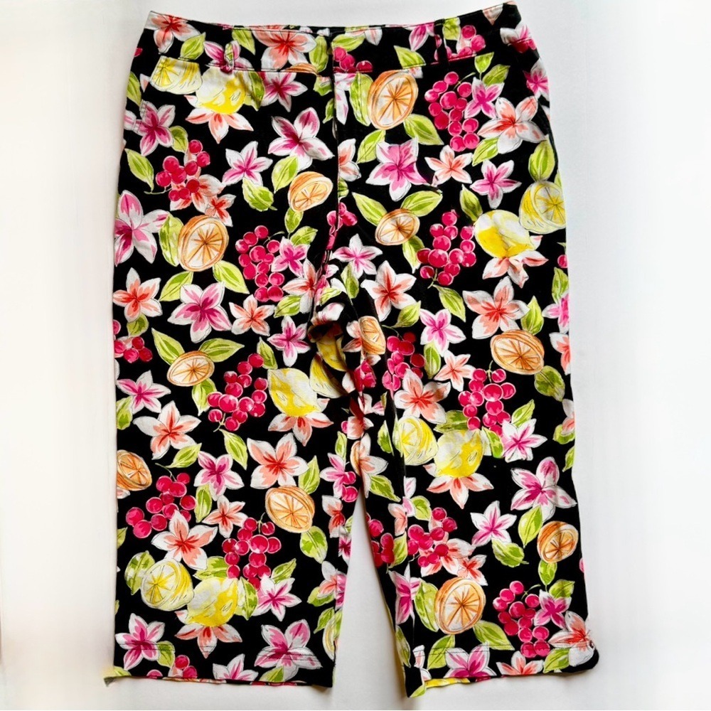 Briggs New York Pants Capri Floral Fruit Print Women's Large Cheerful Hibiscus